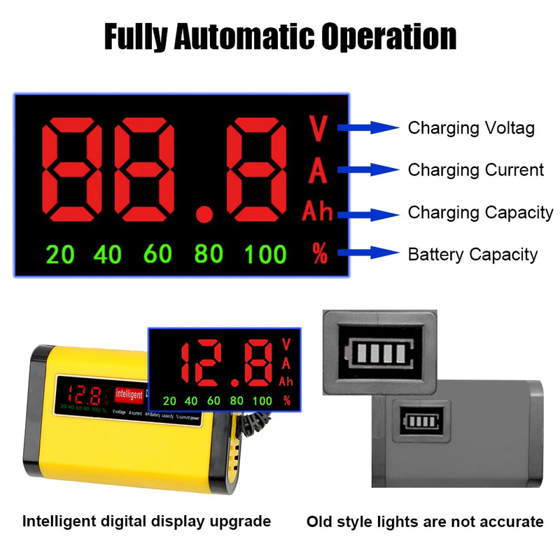 Carregador de bateria de carro automático completo display lcd digital 2a carregamento rápido 3 estágios