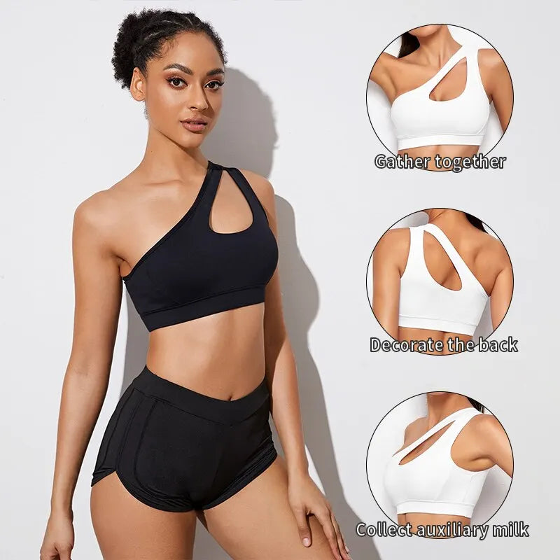 Sutiã esportivo à prova de choque para mulheres, sutiã push up, um ombro, colete sexy para ioga, corrida, preto e branco.